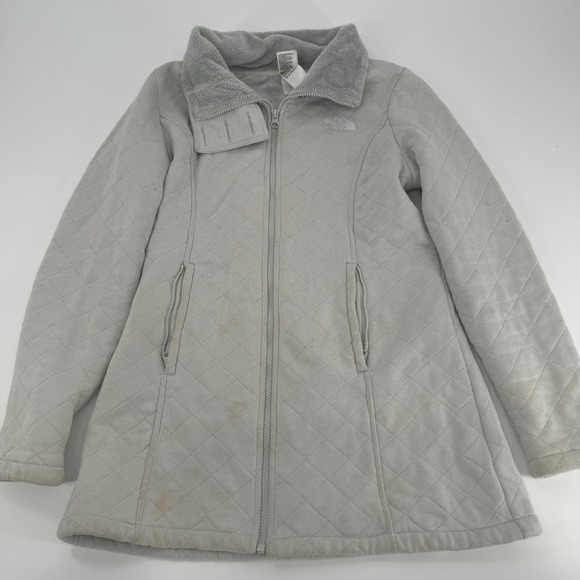 The North Face Women's Quilted Coat Jacket Gray Fleece Collar stains - Picture 1 of 3